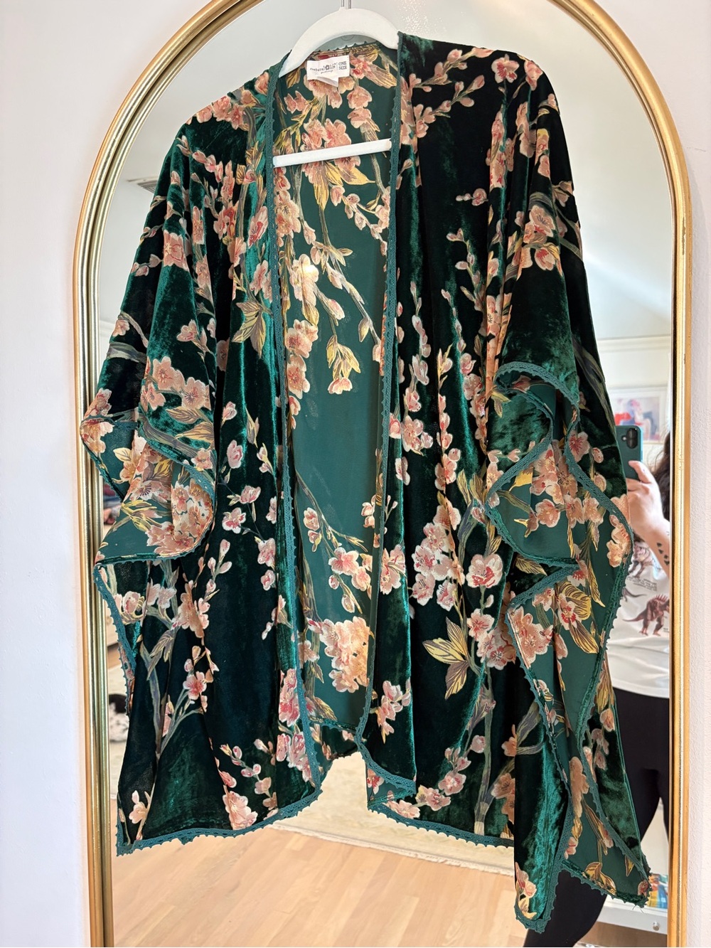 NATURAL LIFE Dark Green Velvet Floral Kimono Cape